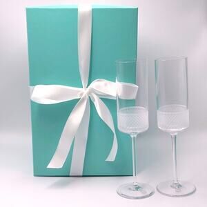 NEW Tiffany & Co. Diamond Point Crystal Champagne Glasses Flutes Set of 2 W/ Box